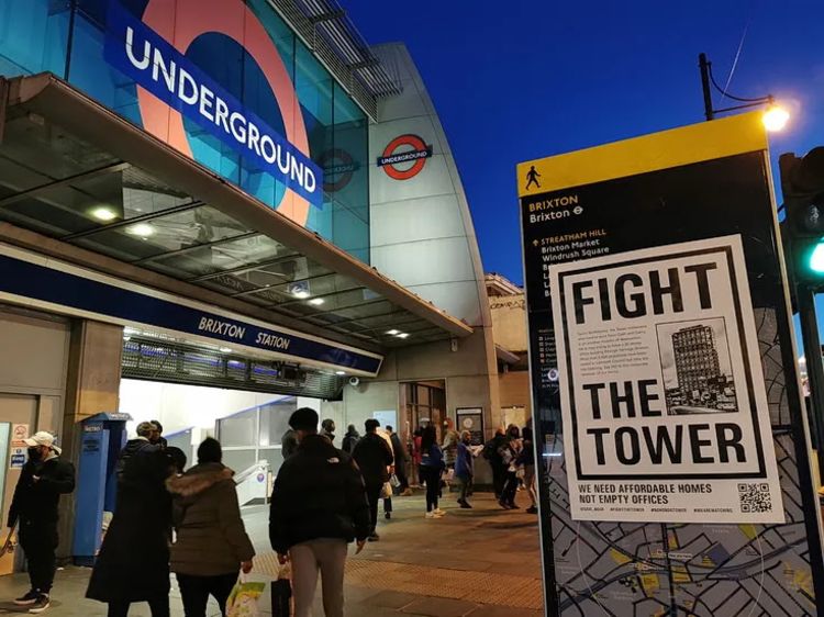 Fight the tower poster in front of Brixton Station