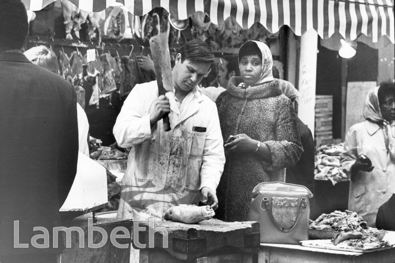 Brixton Market, Brixton. Butcher's shop in the covered arcade near Brixton Station