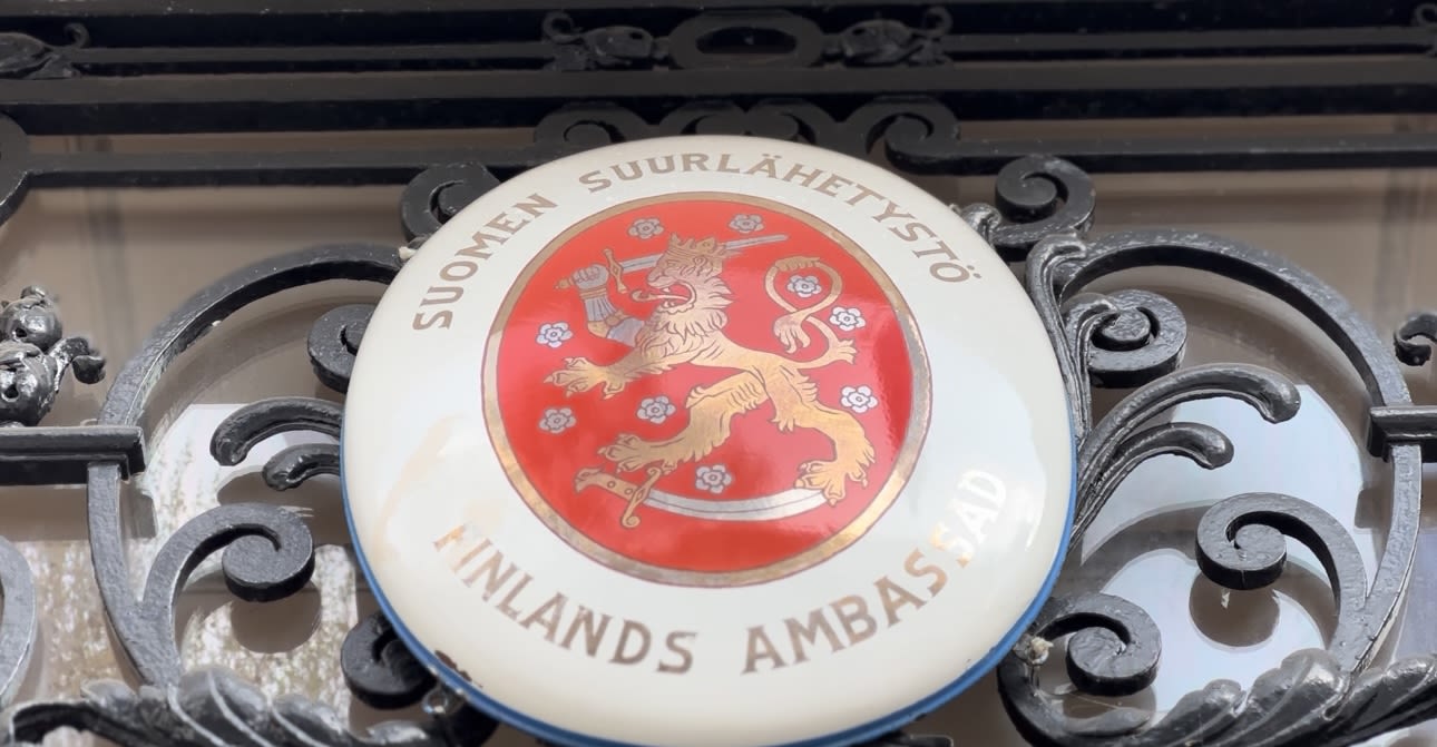 Crest outside the Finnish Embassy in London